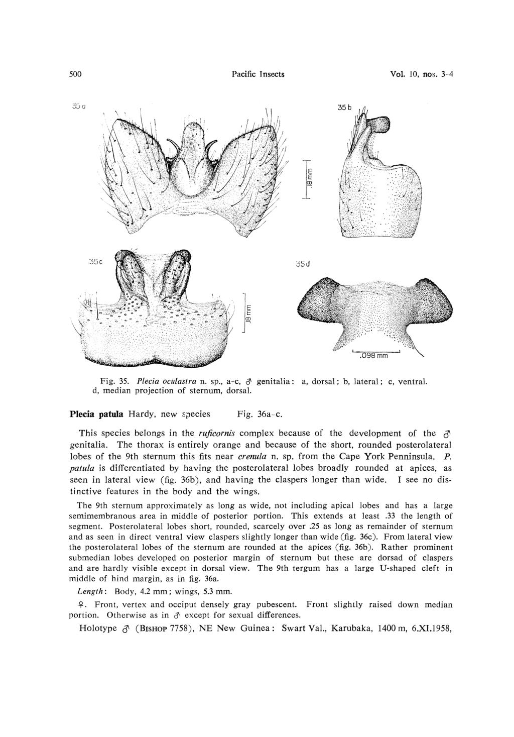 500 Pacific Insects Vol. 10, nos. 3-4 Fig. 35. Plecia oculastra n. sp., a-c, # genitalia: a, dorsal; b, lateral; c, ventral. d, median projection of sternum, dorsal.