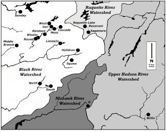22 The Open Fish Science Journal, 2011, Volume 4 Daniels et al. Fig. (1). Eighteen study lakes, Adirondack Mountains, upstate New York, Herkimer and Hamilton Counties.