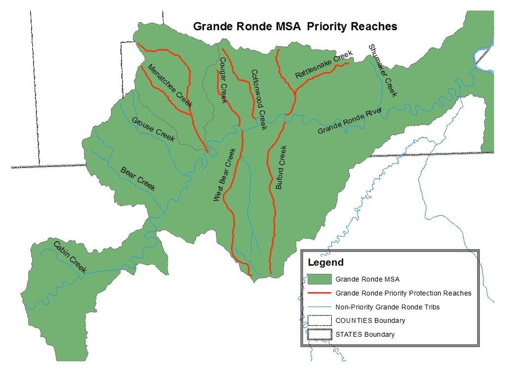 Grande Ronde River MiSA Snake River DPS Steelhead Snake River ESU Chinook Columbia DPS Bulltrout Imminent Threats: Remove obstructions, Screen diversions Riparian Floodplain Function: protect