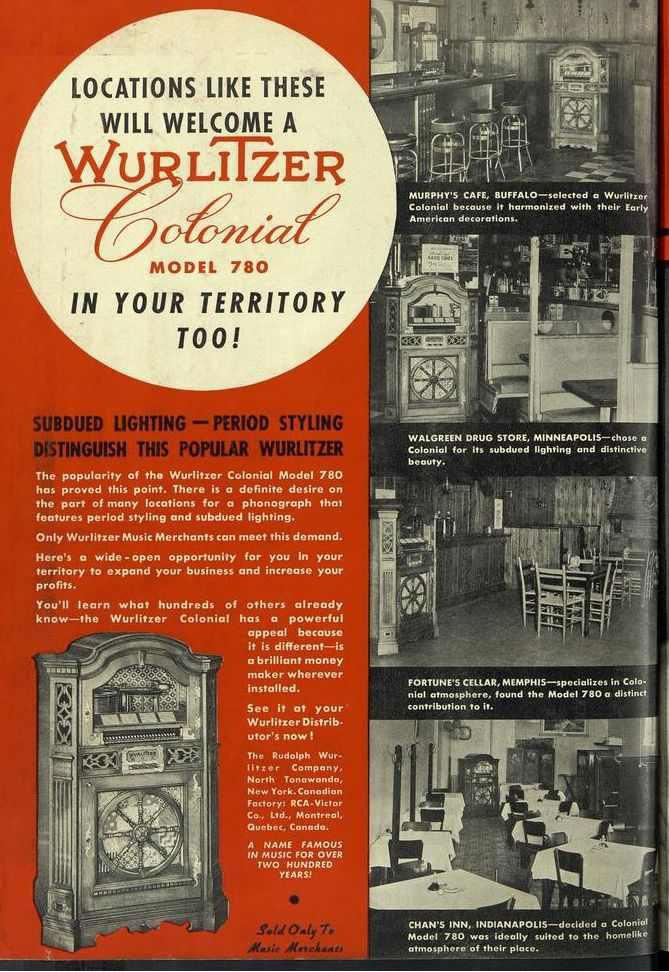 LOCATIONS LIKE THESE WILL WELCOME A WU CIEER MURPHY'S CAFE, BUFFALO-selected a Wurlitza Colonial because it harmonized with their Early American decorations. MODEL 780 IN YOUR TERRITORY TOO!