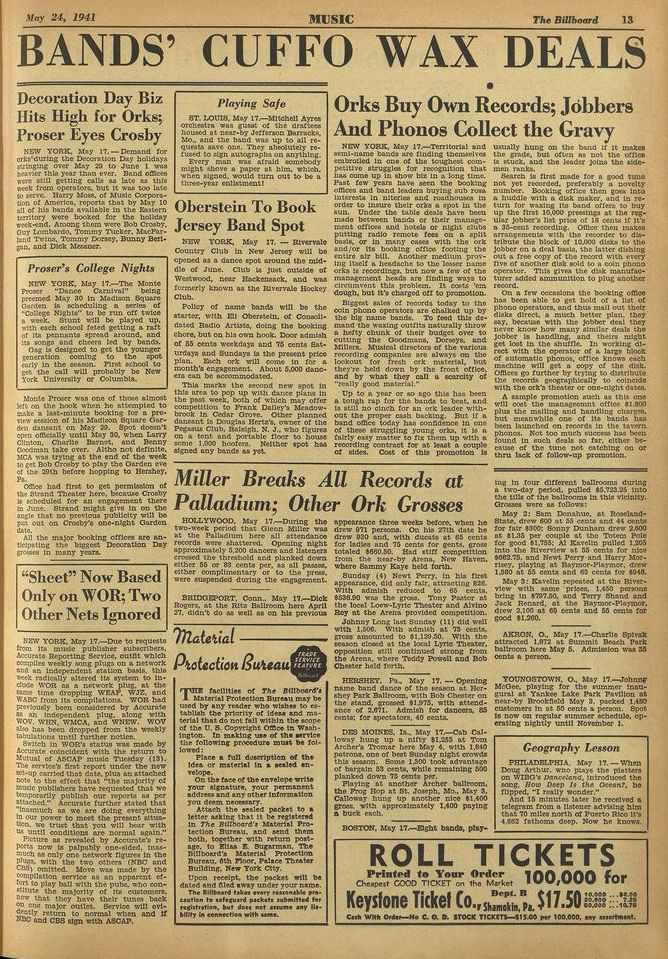 May 24, 1941 MUSIC Th4. Billboard 13 BANDS' CUFFO WAX DEALS Decoration Day Biz Hits High for Orks; Fraser Eyes Crosby NEVI YORK, May 17.