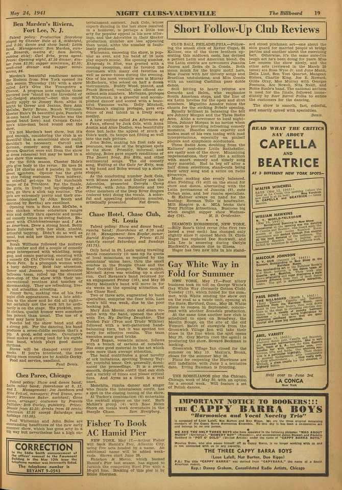 am Hay 24, 1941 NIGHT CLUBS -VAUDEVILLE Tbr Billboard 19 Ben hlurtien's Riviera, Fort Lee, N. J. Darrel Production floorahoto oeled by Cheat-er flak at 1, midnight.