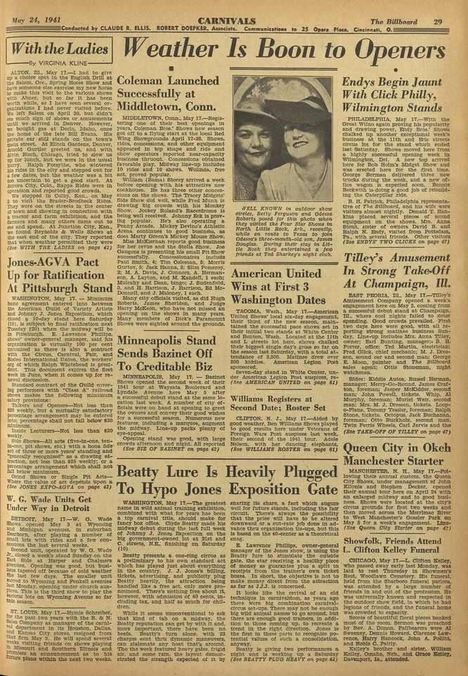 $Iiry 24, 1941 CARNIVALS The' Billboard 29 Conducted by CLAUDE R. IILLIS. ROBERT DOEPKIR. Aasociate. Commeniestiees to 25 poem Place. Castleman 0. With the Ladies VIRGINIA KLINE ALTON. III.