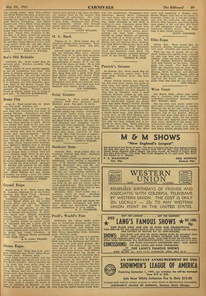 SNOWS; May 24, 1941 CARNIVALS The Billboard 39 best among abort., while Tilt -a -Whitt and Farris Whode led Odra. A novel coo.
