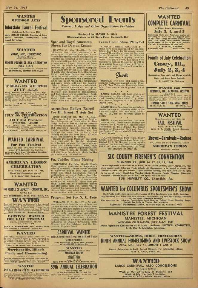 . 111ma Hay 24, 1941 The Billboard.1.3 WANTED OUTDOOR ACTS e. Interstate Laurel Festival Wellebero, Ir.day, lune 1PAA, Wr110 CIORCE 11003cit. Chamber of Cernameba, Weed:ere. PoemylranLo.