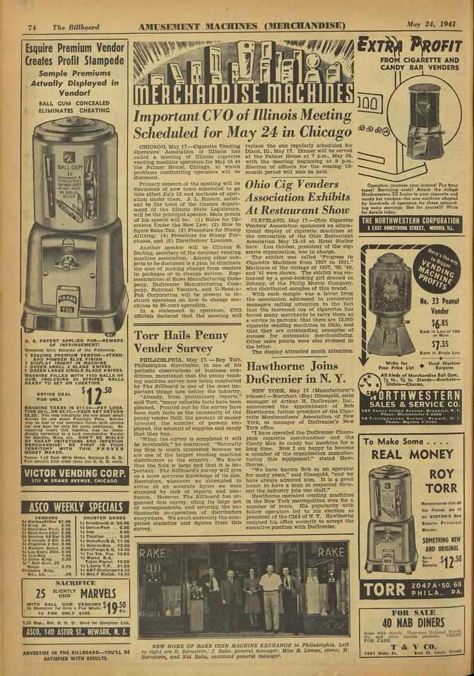 74 The Billboard AMUSEMENT MACHINES (MERCHANDISE) Hay 21, 1941 Esquire Premium Vendor Creates Profit Stampede Sample Premiums Actually Displayed in Vendor!