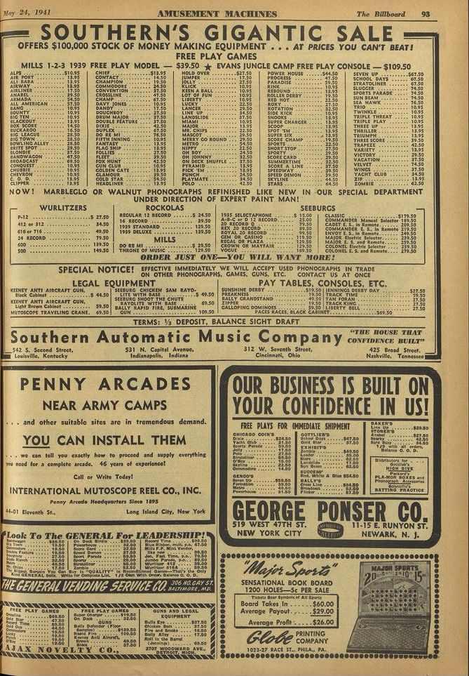 .....,Ilny 24, 1941 AMUSEMENT MACHINES The Billboard 93 SOUTHERN'S GIGANTIC SALE OFFERS $100,000 STOCK OF MONEY MAKING EQUIPMENT... AT PRICES YOU CAN'T BEAT!