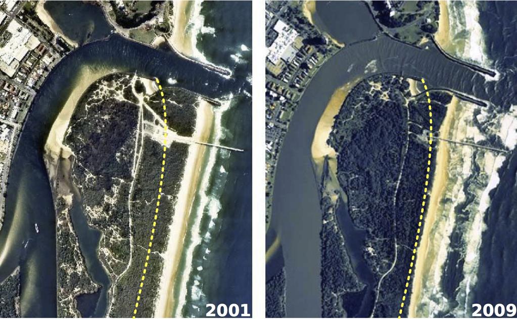 COASTAL ENGINEERING 2012 5 Figure 5. Shoreline of Letitia Spit in 2001 (left) and 2009 (right). Dotted line shows approximate 1962 shoreline. the entrance reservoirs.