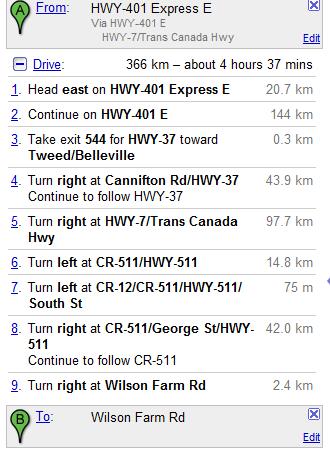 From Toronto: Highway 401 East to Belleville, 3rd Exit Hwy 37 N through Tweed to Hwy 7; right on Hwy 7 to 1st set of traffic lights at Perth; left onto