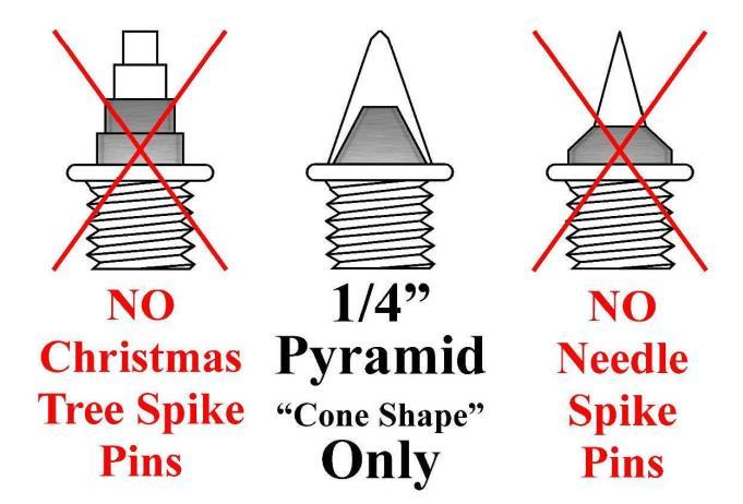 SPIKES The only spike allowed for our Track facility is the ¼ pyramid spike. ATHLETES WILL NOT RUN IF THEY DO NOT COMPLY WITH THIS RULE.