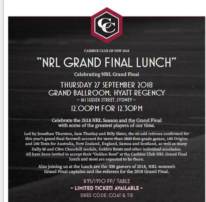 CARBINE CLUB OF NSW NRL GRAND FINAL LUNCHEON CCNSW s NRL Grand Final in the Grand Ballroom of the Hyatt Regency on 27 Sep featured some of the biggest names in league, including Jonathan Thurston,