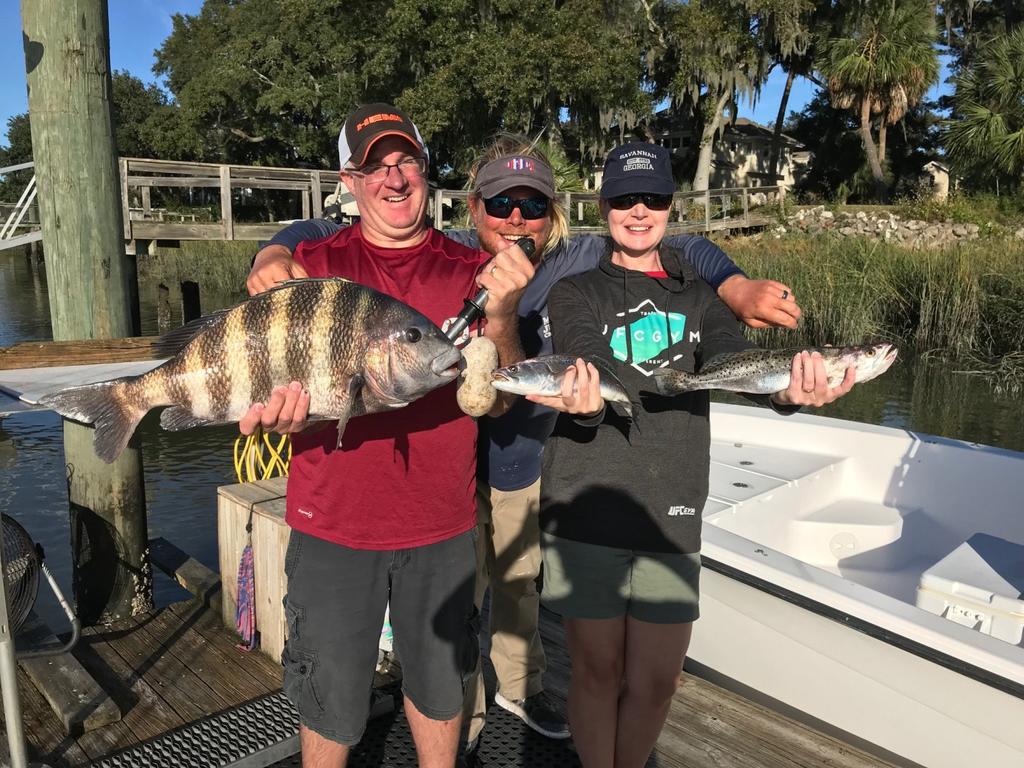 Chris and Carmen Kelly and of course Captain Garrett Ross of Miss Judy Charters! Where they fishing for sheepshead? NO, but did Chris catch this big over 10 but under 11 pound sheepshead? Yes, he did!