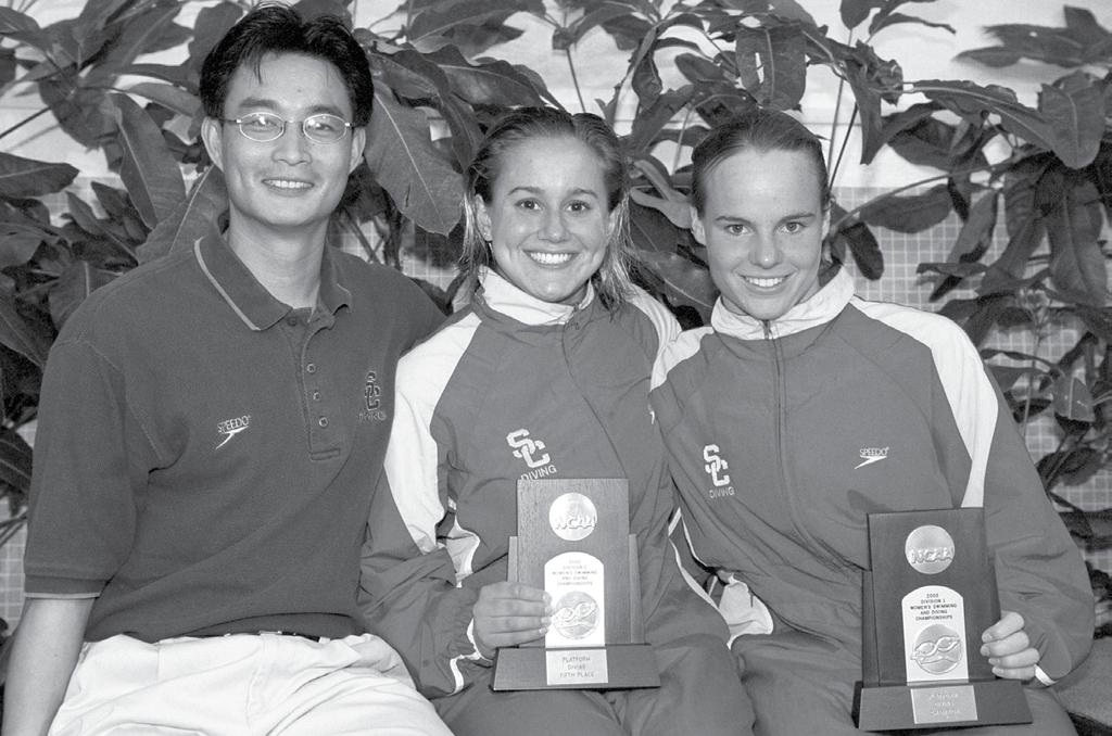 Coaches Profiles USC Coach Hongping Li with Nicci Fusaro (middle) and Blythe Hartley at the 2002 NCAA Championships.