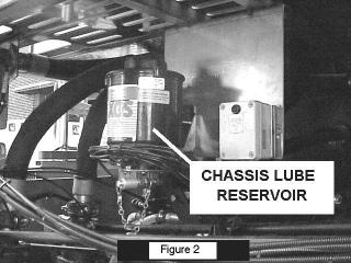 CHASSIS LUBE SYSTEM: The automatic chassis lubrication system pump and reservoir are located in the upper front of the pump compartment, immediately below the cross-lay hose beds.