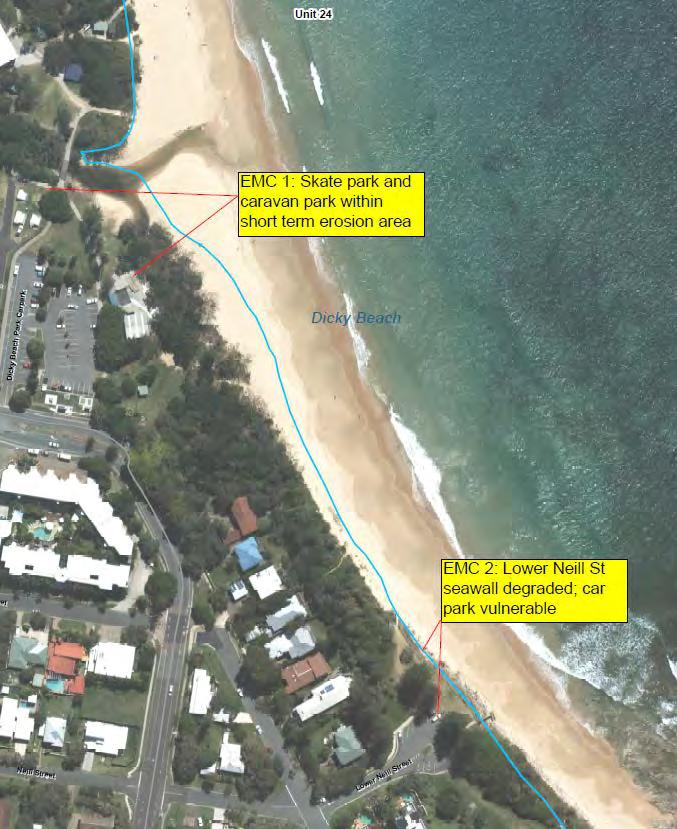 Figure 6.20: Air photo showing the erosion management considerations for Dicky Beach Figure 6.