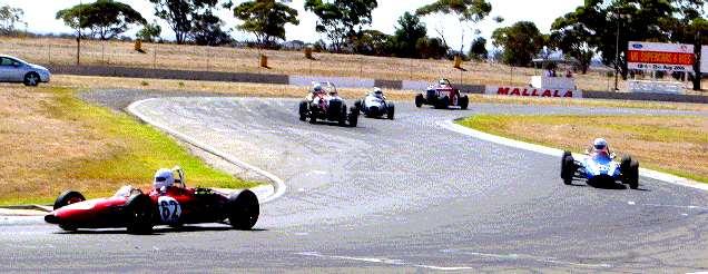Racing at Mallala - Ian Bailey (Lynx) followed by David Reid (Cooper T59) and Geoff Medley driving his recently restored front engined Nota BMC sandwiched between two early L cars.