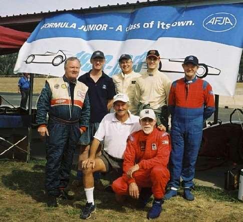 Happy group of drivers at Morgan Park. Rear L to R Don Thallon, Geoff Fry, Peter Johnson, Jonathan Williamson, Mike Gosbell Front L to R Dick Willis, Graham Brown HRCC QLD.