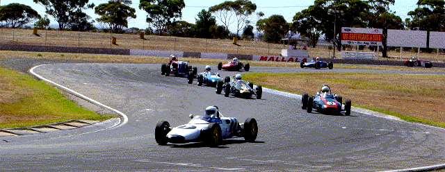Congestion at Mallala - Murray Bryden (MRC Lotus) leads the ever charging Don Thallon (Cooper T56), followed by Peter Strauss (Brabham BT6), then Graham Brown (BT2), an MG, then Ian Bailey (Lynx) and