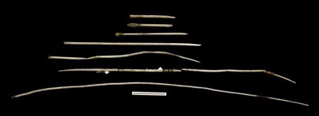 A number of atlatl darts found over the last 20 years by archeologists working in Yukon ice patches. An atlatl is a throwing dart used with a paddle.