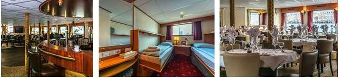 The boat has 42 two bed cabins on the main deck, of which four can handle three person occupancy thanks to their fold out Pullman beds (bearing capacity of the third bed is max.