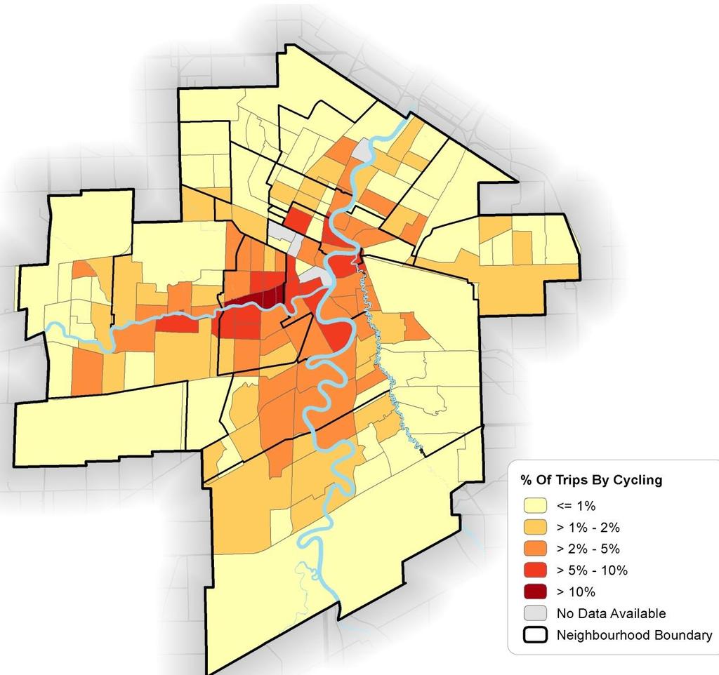 Cycling in Winnipeg Today About 2% of Winnipeggers cycle to work. Convenience and being low cost for shorter trips makes cycling a good transportation option for many.