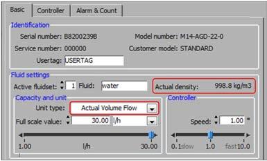 At the Tab Basic it is possible to prepare the instrument for mass flow readout like: g/h or kg/h or volumetric readout values like: l/min or ml/h.