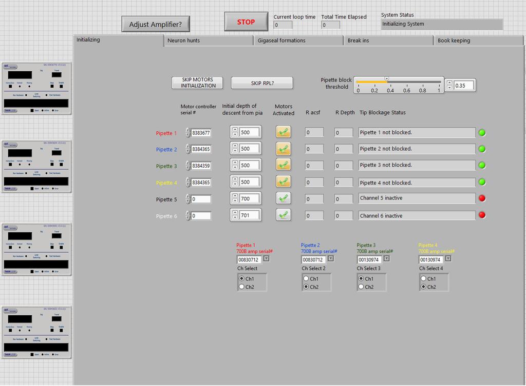 APPENDIX 2. Multipatcher Software Setup and Operation. The multipatcher program is organized into four panels. There are controls that allow the user to specify various parameters into the system.