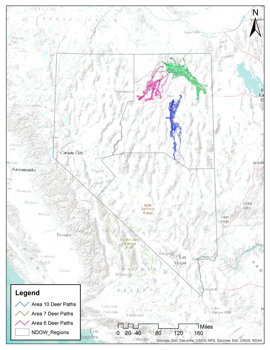 Figure 2. Migration paths and general location of top three priority mule deer populations in ntheast Nevada.