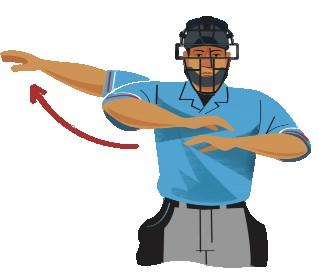 3. Strike signal raise right arm above the body, elbow at shoulder height, clenched fist. Count Keep a count of balls and strikes on your clicker.
