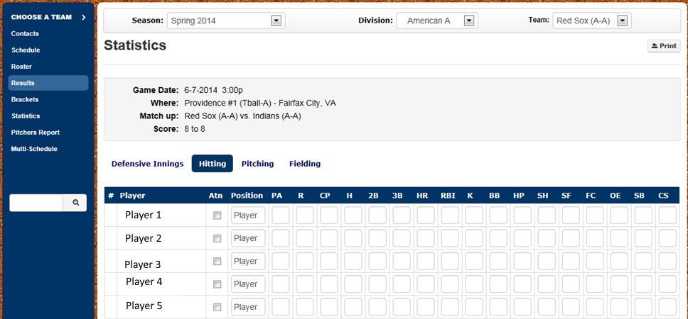5 Pitching Statistics Enter the Pitching statistics for each player, click the Save button at the