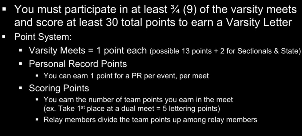 Lettering Criteria You must participate in at least ¾ (9) of the varsity meets and score at least 30 total points to earn a Varsity Letter Point System: Varsity Meets = 1 point each (possible 13
