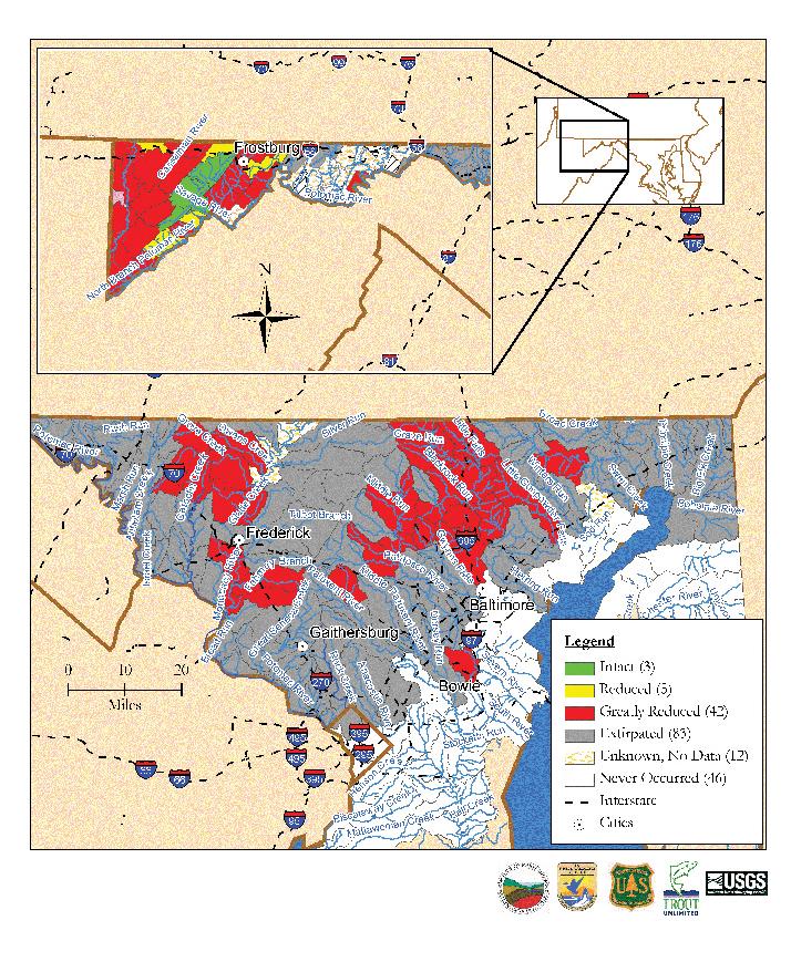 Maryland Brook Trout Population Status by Subwatershed Map data derived from state and federal data and compiled in EBTJV assessment results titled, Distribution, status, and perturbations to brook