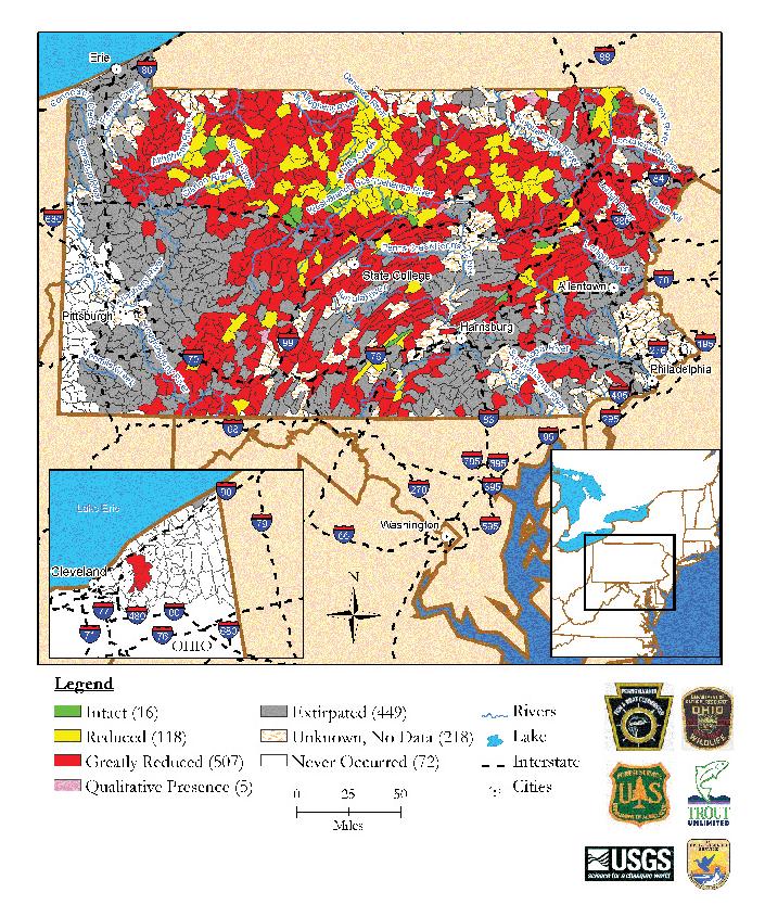 Pennsylvania & Ohio Brook Trout Population Status by Subwatershed Map data derived from state and federal data and compiled in EBTJV assessment results titled, Distribution, status, and perturbations