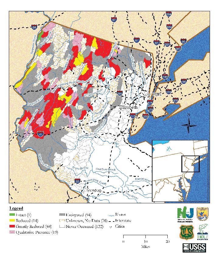 New Jersey Brook Trout Population Status by Subwatershed Map data derived from state and federal data and compiled in EBTJV assessment results titled, Distribution, status, and perturbations to brook