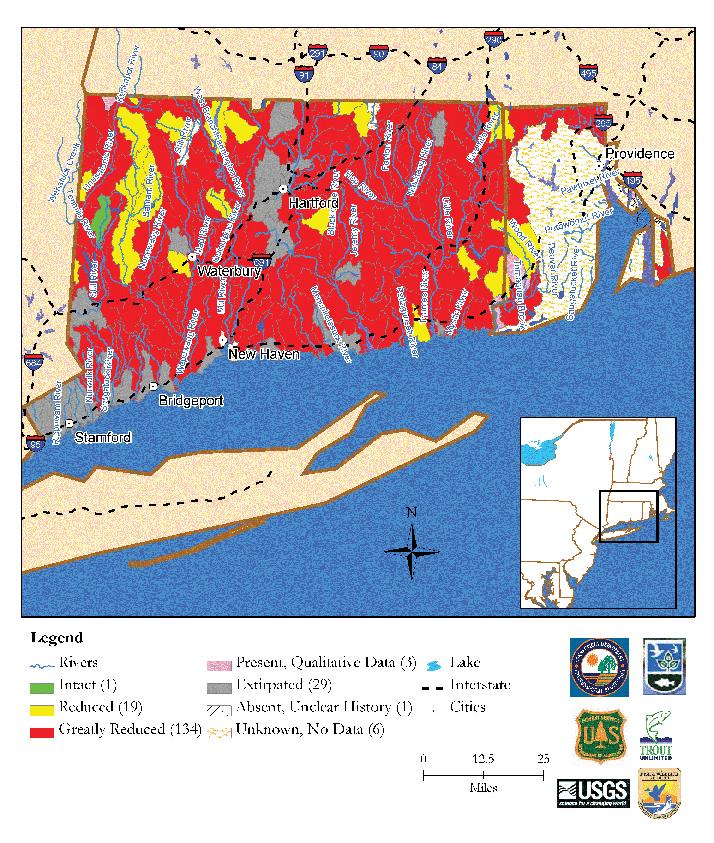 Connecticut & Rhode Island Brook Trout Population Status by Subwatershed Map data derived from state and federal data and compiled in EBTJV assessment results titled, Distribution, status, and