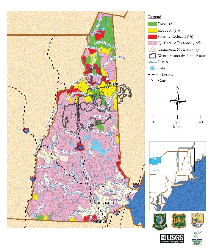 New Hampshire Brook Trout Population Status by Subwatershed Map data derived from state and federal data and compiled in EBTJV assessment results titled, Distribution, status, and perturbations to