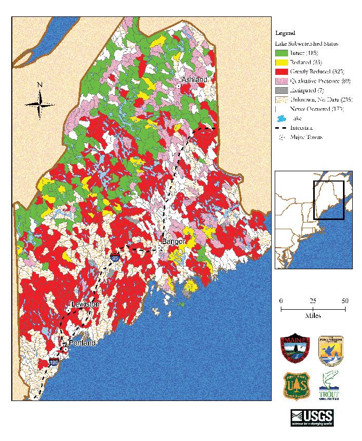 Maine Lake and Pond Brook Trout Population Status by Subwatershed Map data derived from state and federal data and compiled in EBTJV assessment results titled, Distribution, status, and perturbations
