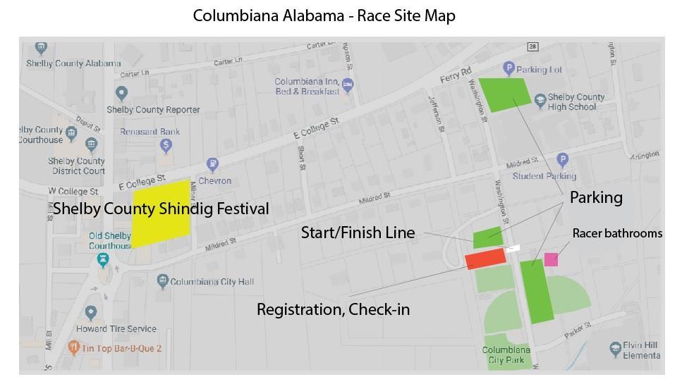 3 Race Location The race base is located at 194 Washington St, Columbiana, AL 35051 *If you choose to park next to the community center during the road races, you may be temporarily delayed when