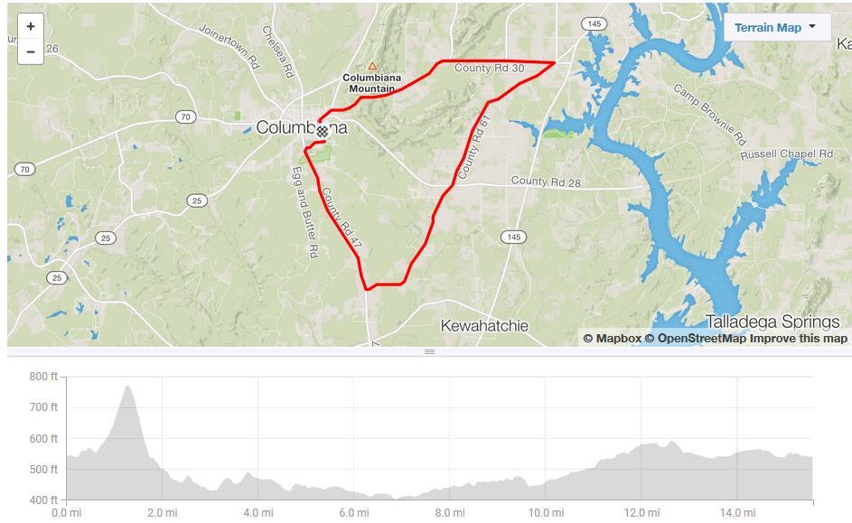 9 Stage Three Columbiana Mountain Road Race Route The route is loops on a 15.5 mile course leaves from Race Base that includes the Columbiana Mt climb each lap. View the link on Strava: https://www.