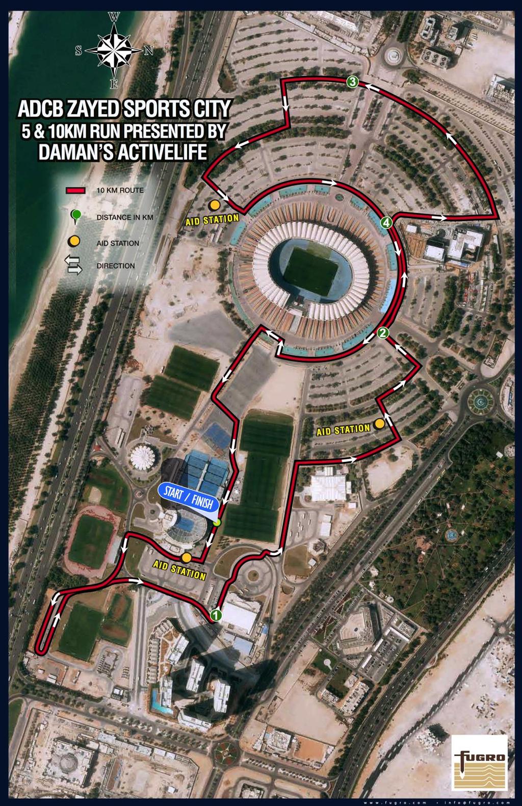 The Course The 10km course is a two lap (5km is single lap) run throughout Zayed Sports City and is clearly marked and marshalled.