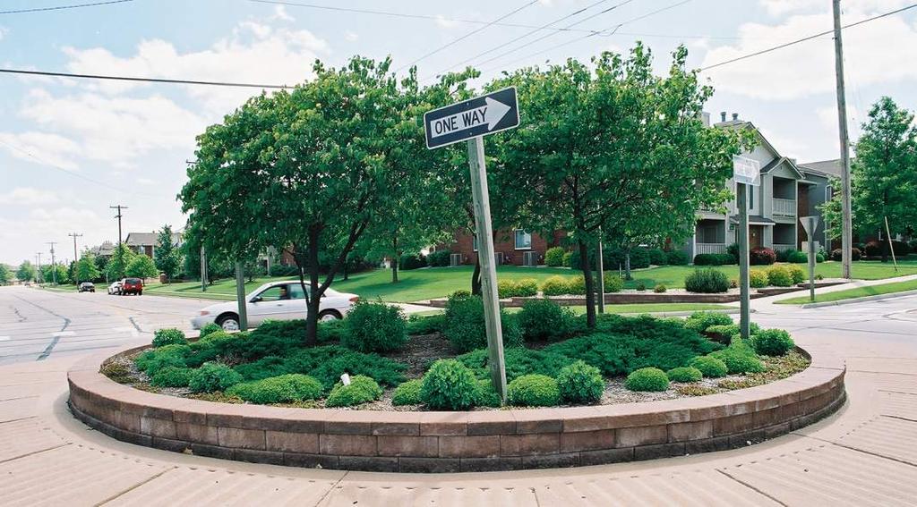 For KDOT maintained roundabouts, the landscaping should generally consist of simple, hearty plant materials or hardscape material that have minimal maintenance requirements.