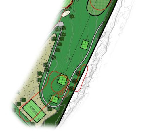 Create a native grass area left of the fairway, between the fairway and thirteen green, to keep golfers from trying to cut the corner of the dogleg.