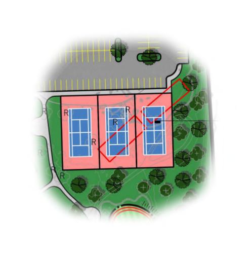 TENNIS With the help of a separate consultant, design and build three new tennis courts south of the parking lot in the area of the