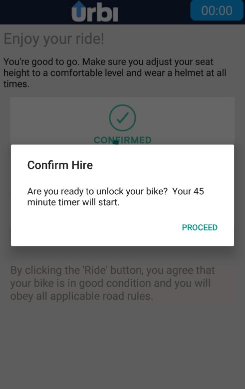 The urbi app Hiring a Bike Once you have your helmet and liner, it will prompt you to confirm your ride.
