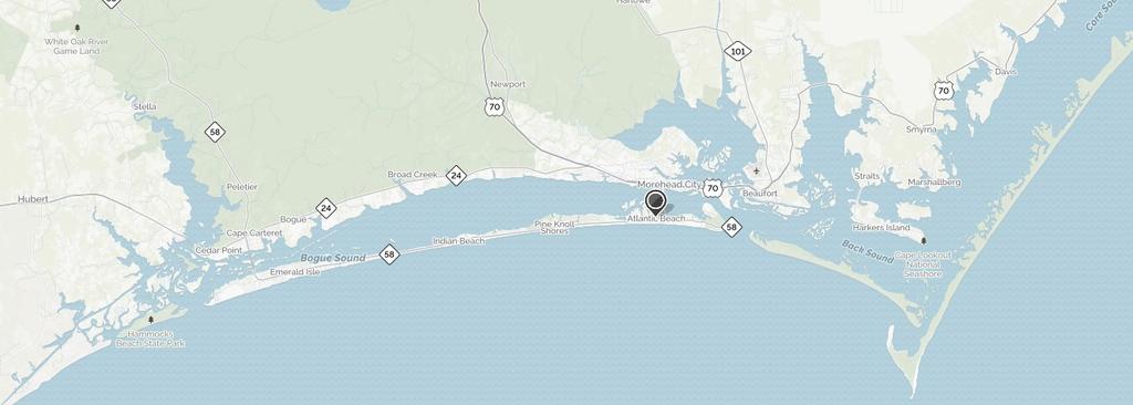 AREA DETAILS Atlantic Beach anchors the eastern end of Bogue Banks, a 22-mile stretch of barrier islands accessed by bridge from Morehead City, North Carolina.