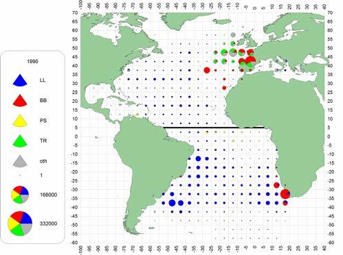 17 Fisheries Main gears: East-Atlantic - longlines (surface, mesopelagic) and baitboats Mediterranean Almost exclusively longlines