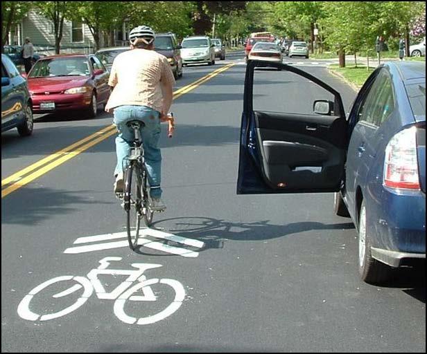 Figure 10: Sharrows help direct cyclists to operate outside the "door zone" of parked cars and increase driver awareness of bicycle traffic.