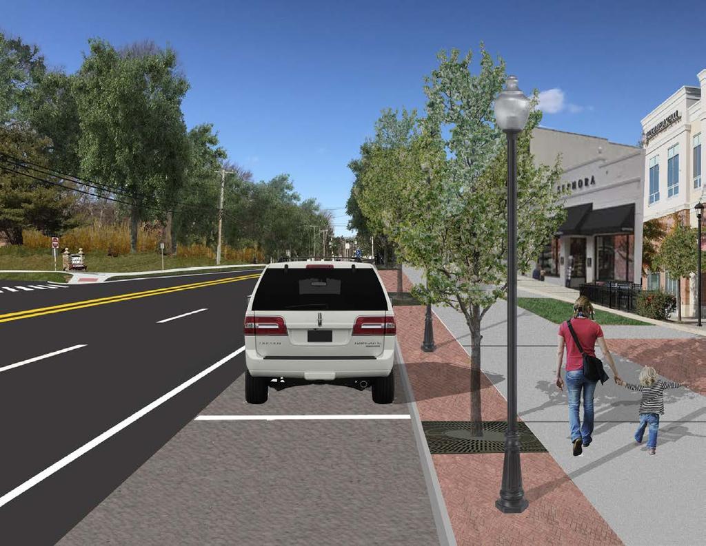 Pedestrian-Scale Lighting Street Trees Parallel Parking Widen Sidewalk THE SOLUTIONS Improvements to this segment of the corridor include parallel parking and a widened sidewalk on the east side of