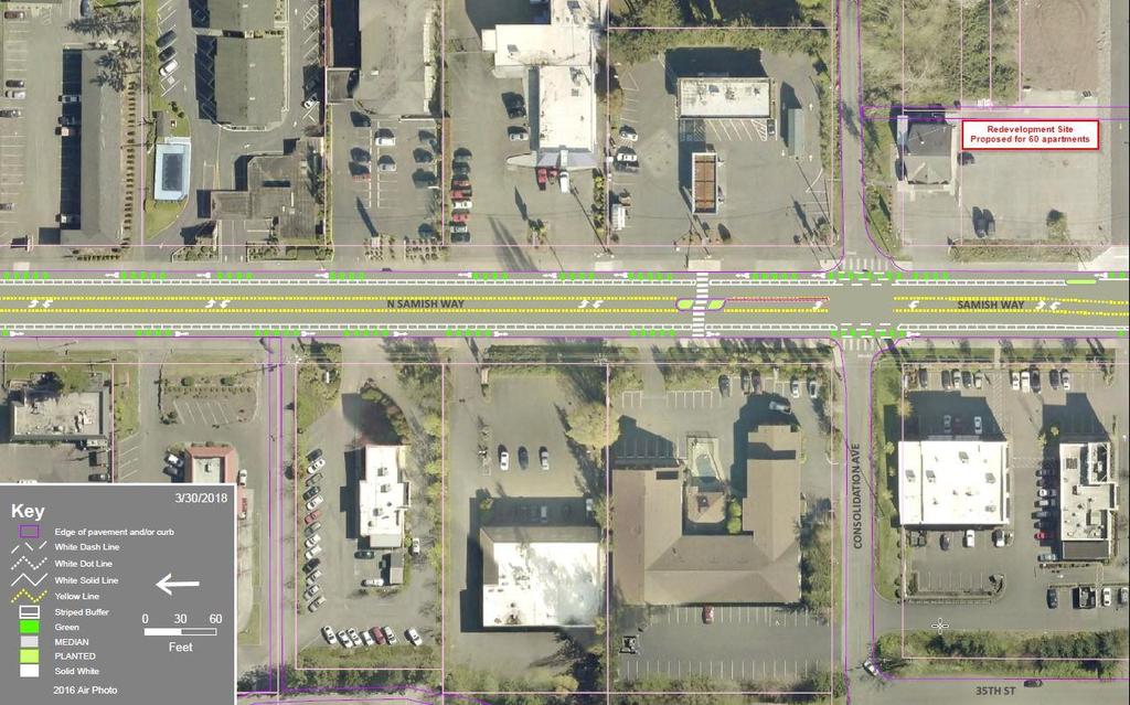 Segment 5: Abbott Street to Consolidation; Remove one vehicle travel lane in each direction; install buffer-protected bike lanes on each side with dashed markings across side streets