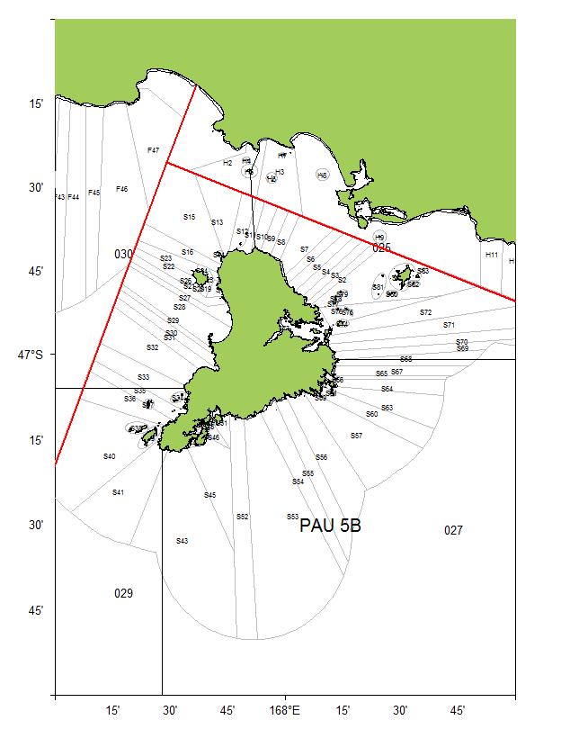 Figure 3: Map showing the location of fine scale Paua Statistical Areas within PAU 5B effective